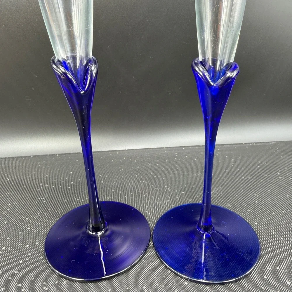 Colony Glass Cobalt Blue Stem Champagne Flutes‎ Set of 2 Glasses 11 Inch Clear